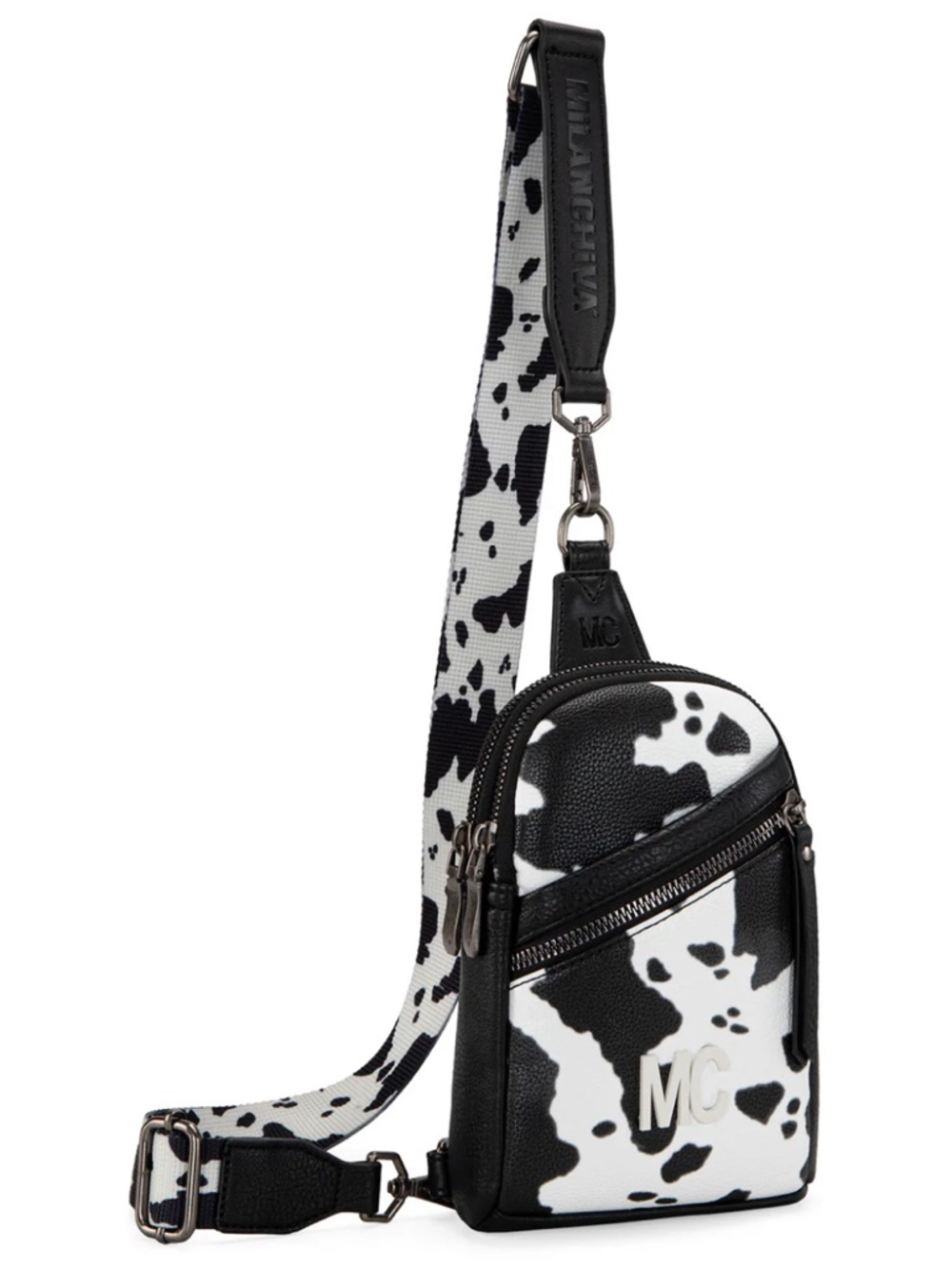 Cow-Print Sling Crossbody Bag in Black & White - Picture 4 of 9